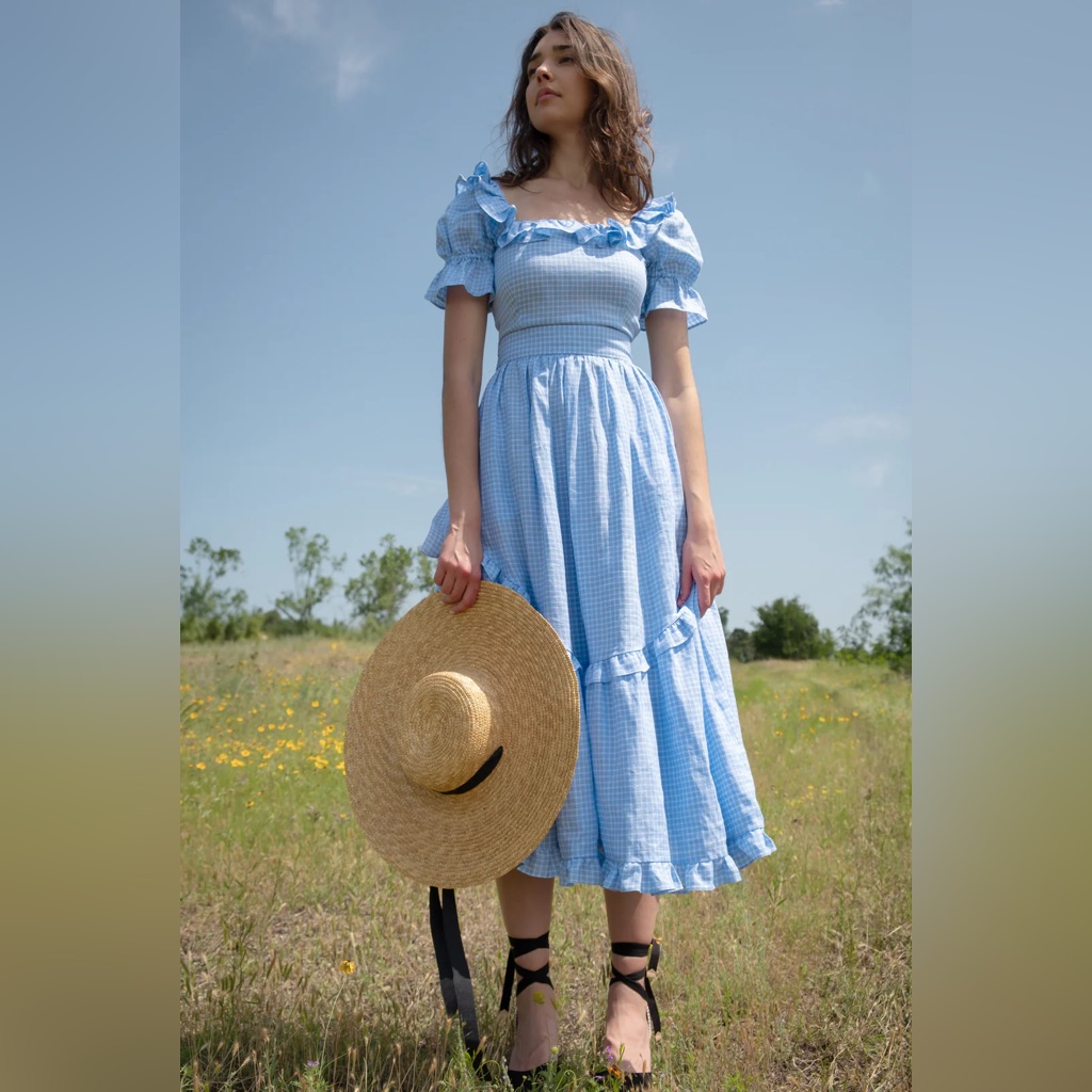 Blue Gingham Midi Dress With Ruffle Trim — image 2 of 6